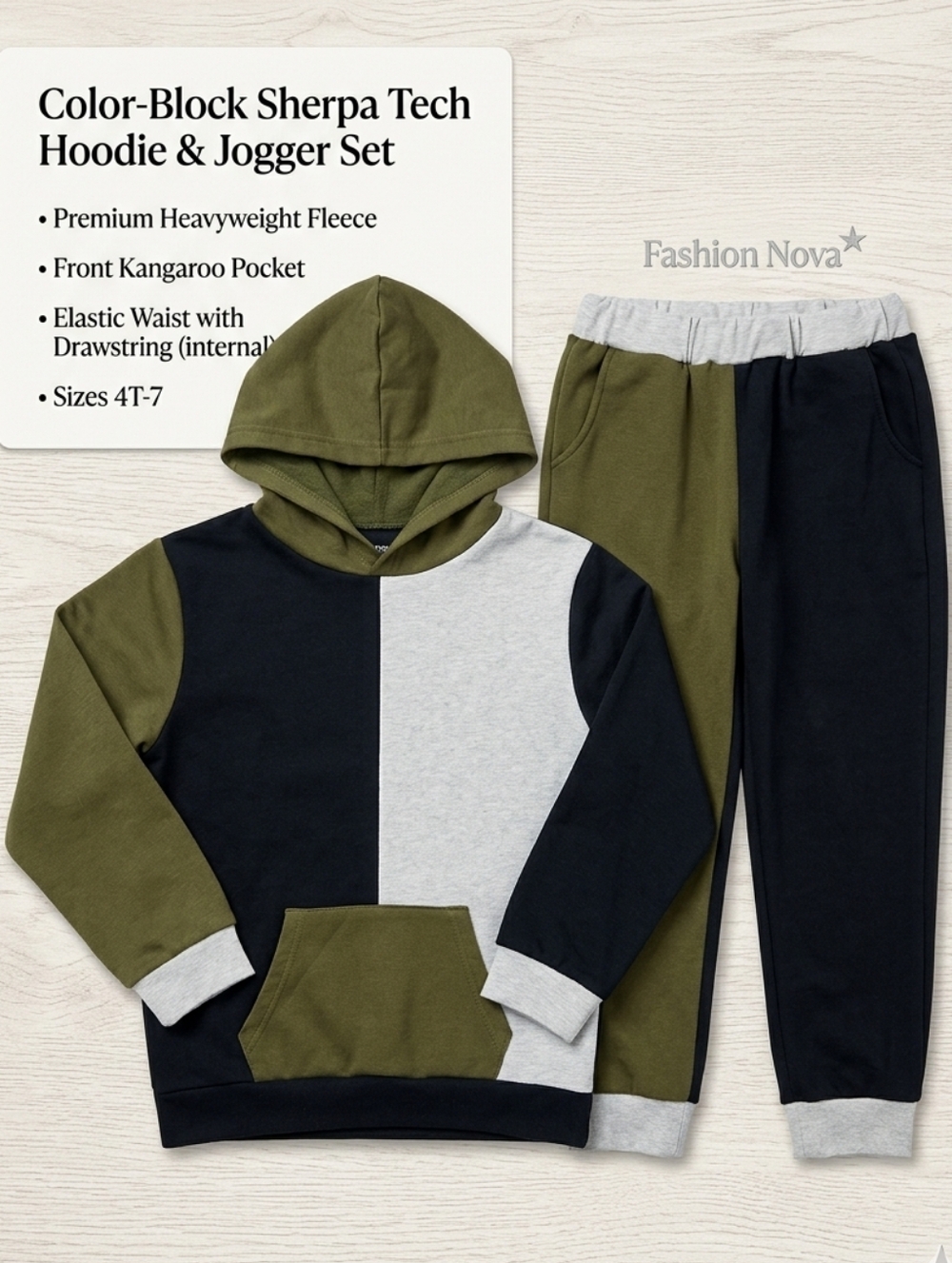 NOVA Kids Color-Block Hoodie & Jogger Set - Olive/Black/Gray